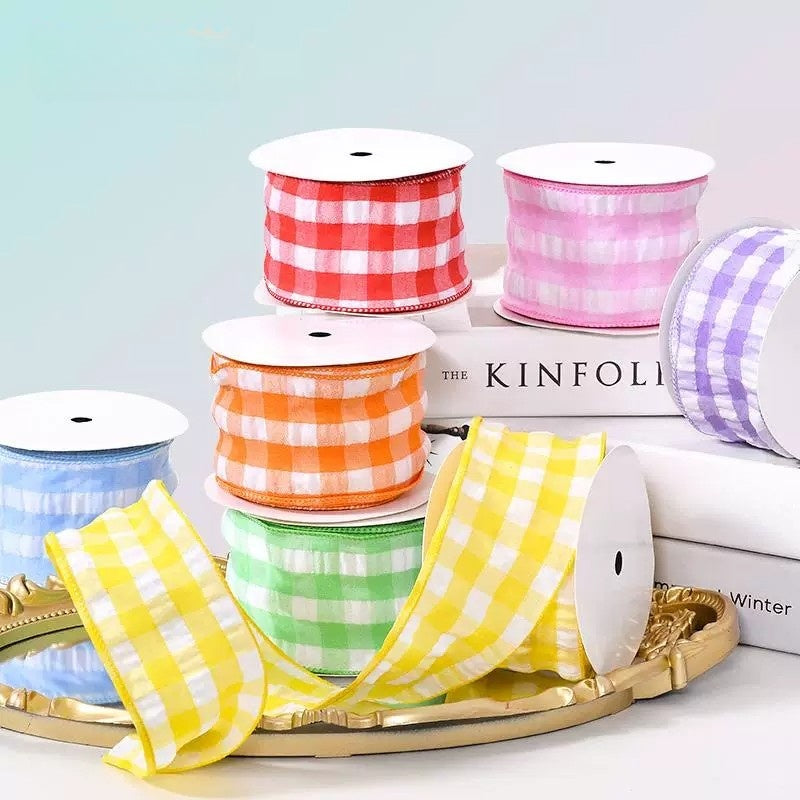 2.5Inch(63mm) 10Yards Bubble Gingham Ribbon, 9 Colors Available. Bubble check plaid ribbon, suitable for gift wrapping, festival decoration, floral arrangement and DIY crafts.