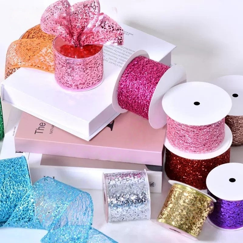 2.5 Inch (63mm) x 10 Yards/Roll Glitter Mesh Ribbon & Sequin Wired Edge Ribbon, Hollow Out Sparkle Design, 18 Colors for Christmas, Halloween, Thanksgiving, Valentine's Day, Gift Wrapping & DIY Crafts