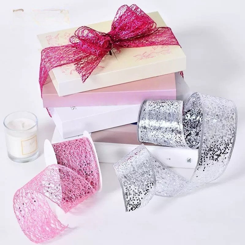 2.5 Inch (63mm) x 10 Yards/Roll Glitter Mesh Ribbon & Sequin Wired Edge Ribbon, Hollow Out Sparkle Design, 18 Colors for Christmas, Halloween, Thanksgiving, Valentine's Day, Gift Wrapping & DIY Crafts