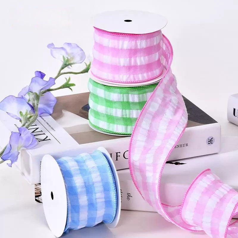 2.5Inch(63mm) 10Yards Bubble Gingham Ribbon, 9 Colors Available. Bubble check plaid ribbon, suitable for gift wrapping, festival decoration, floral arrangement and DIY crafts.