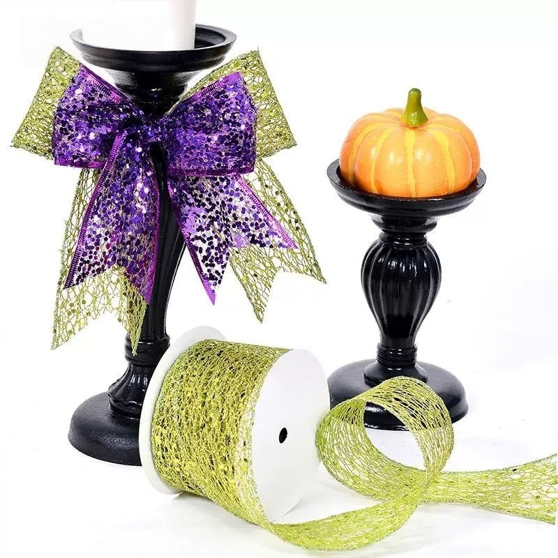 2.5 Inch (63mm) x 10 Yards/Roll Glitter Mesh Ribbon & Sequin Wired Edge Ribbon, Hollow Out Sparkle Design, 18 Colors for Christmas, Halloween, Thanksgiving, Valentine's Day, Gift Wrapping & DIY Crafts