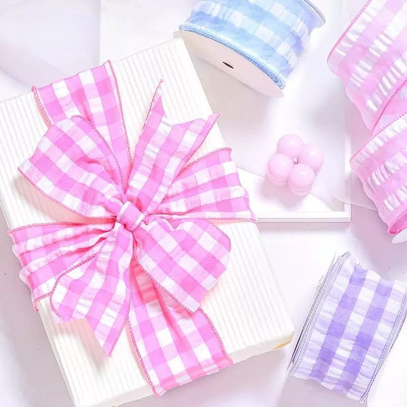 2.5Inch(63mm) 10Yards Bubble Gingham Ribbon, 9 Colors Available. Bubble check plaid ribbon, suitable for gift wrapping, festival decoration, floral arrangement and DIY crafts.
