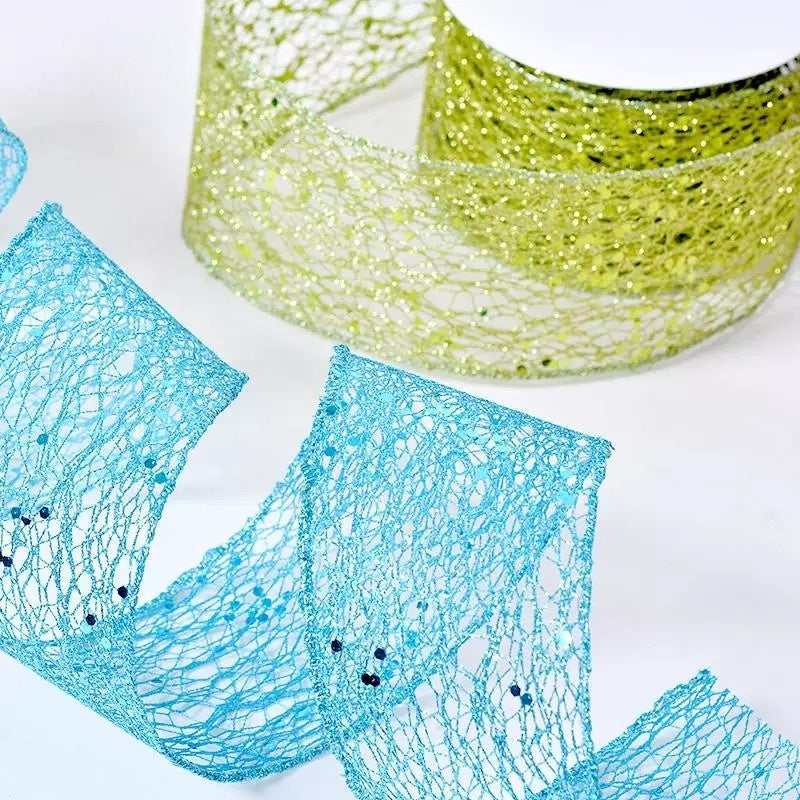 2.5 Inch (63mm) x 10 Yards/Roll Glitter Mesh Ribbon & Sequin Wired Edge Ribbon, Hollow Out Sparkle Design, 18 Colors for Christmas, Halloween, Thanksgiving, Valentine's Day, Gift Wrapping & DIY Crafts