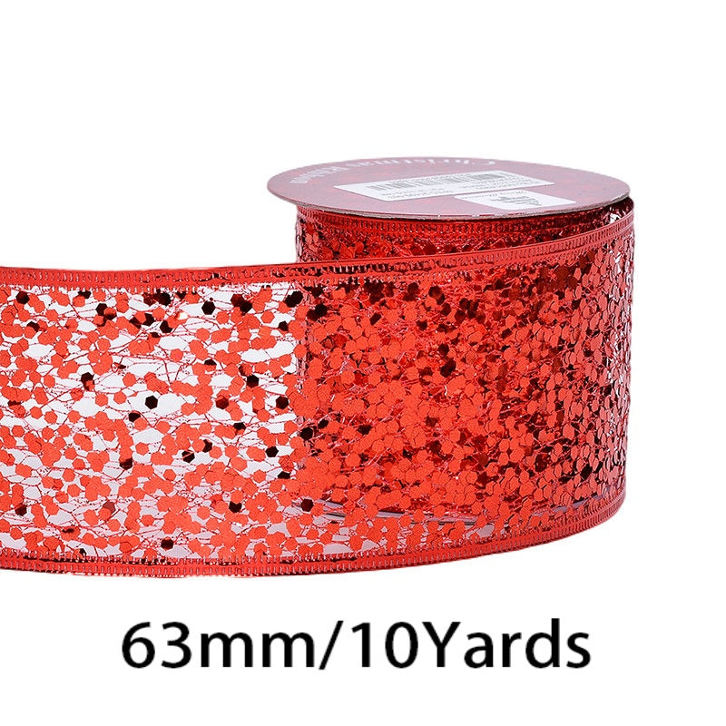 2.5 Inch (63mm) x 10 Yards/Roll Glitter Mesh Ribbon & Sequin Wired Edge Ribbon, Hollow Out Sparkle Design, 18 Colors for Christmas, Halloween, Thanksgiving, Valentine's Day, Gift Wrapping & DIY Crafts