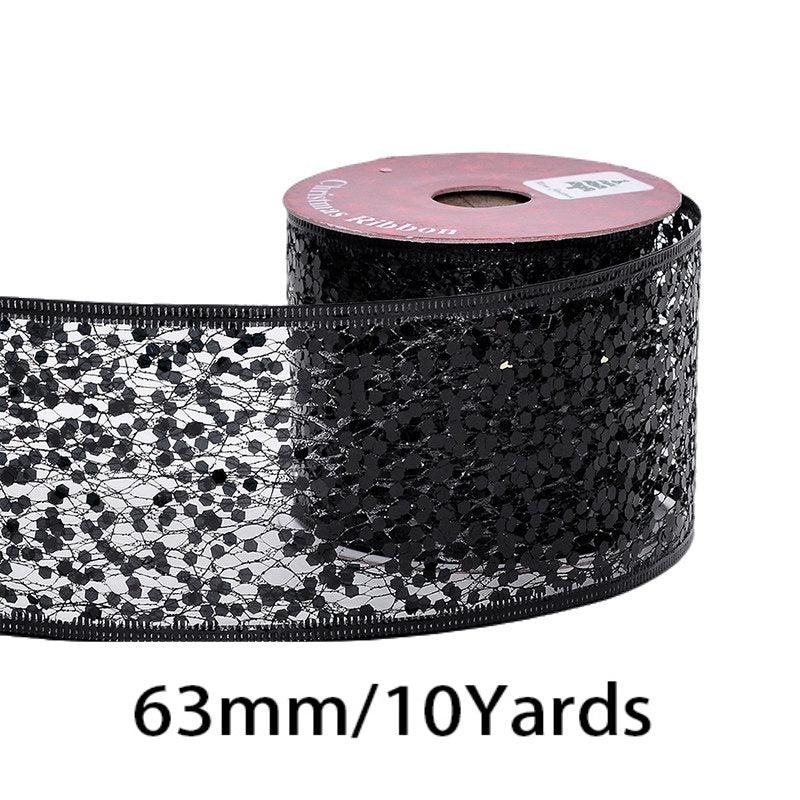 2.5 Inch (63mm) x 10 Yards/Roll Glitter Mesh Ribbon & Sequin Wired Edge Ribbon, Hollow Out Sparkle Design, 18 Colors for Christmas, Halloween, Thanksgiving, Valentine's Day, Gift Wrapping & DIY Crafts