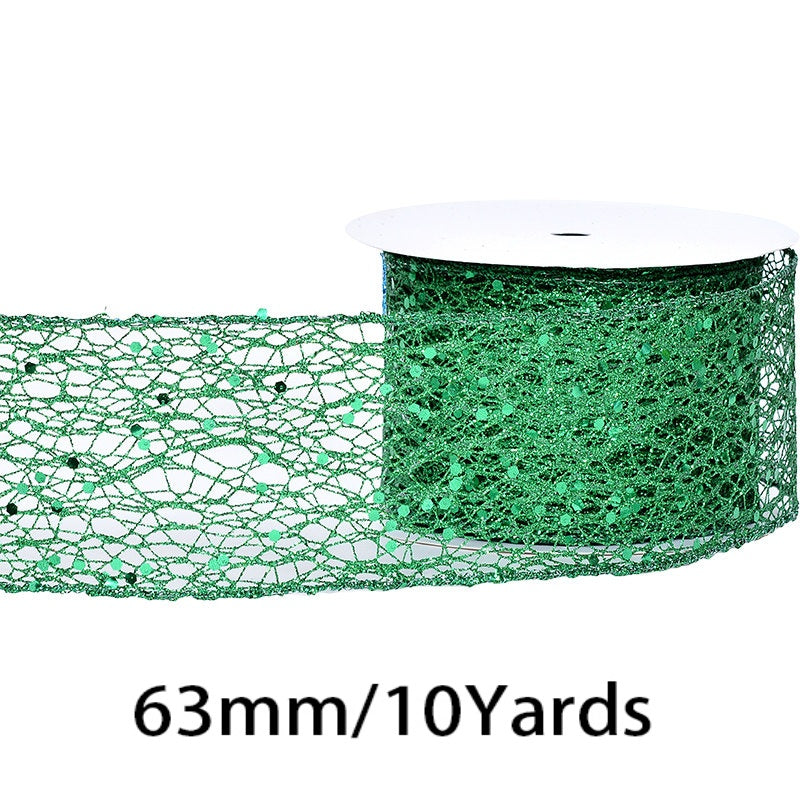 2.5 Inch (63mm) x 10 Yards/Roll Glitter Mesh Ribbon & Sequin Wired Edge Ribbon, Hollow Out Sparkle Design, 18 Colors for Christmas, Halloween, Thanksgiving, Valentine's Day, Gift Wrapping & DIY Crafts