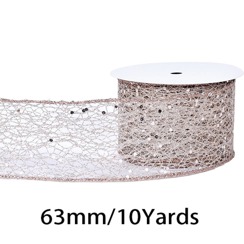 2.5 Inch (63mm) x 10 Yards/Roll Glitter Mesh Ribbon & Sequin Wired Edge Ribbon, Hollow Out Sparkle Design, 18 Colors for Christmas, Halloween, Thanksgiving, Valentine's Day, Gift Wrapping & DIY Crafts
