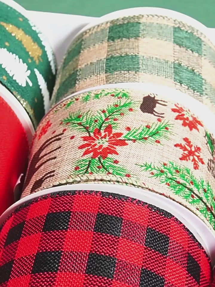 2.5Inch(63mm) 10Yards Christmas Wired Edge Ribbon, 24 Styles Available. Christmas wired edge ribbon, ideal for Christmas tree decoration, gift wrapping and festive floral arrangements.